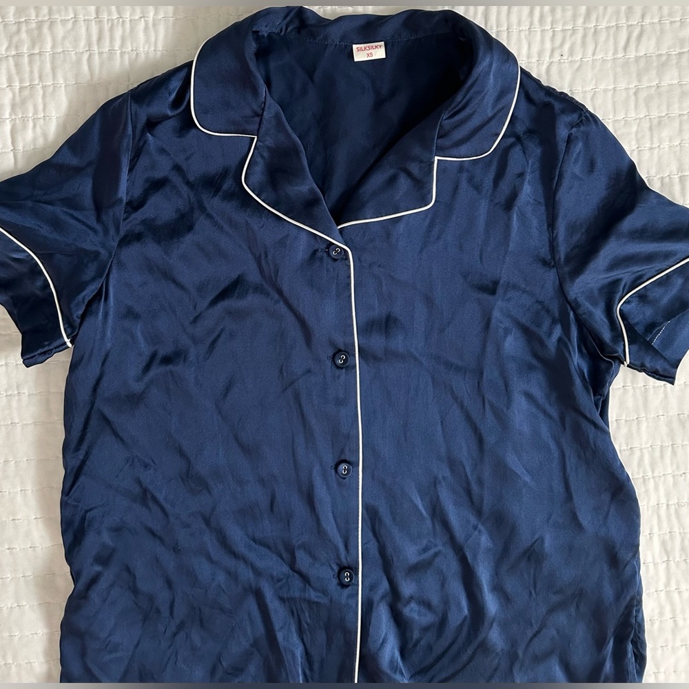 SilkySilky 100% Silk Pajama Set XS Navy Piping